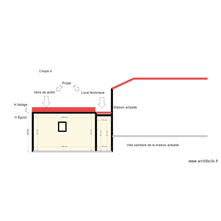 Locaux techniques coupe A. Plan de 4 pièces et 15 m2