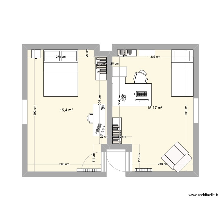 BUREAU ET CHAMBRE AMIS GUERANDE. Plan de 2 pièces et 31 m2