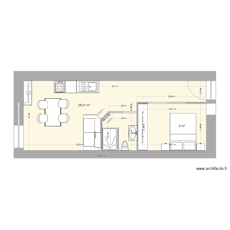 gite grange. Plan de 2 pièces et 35 m2