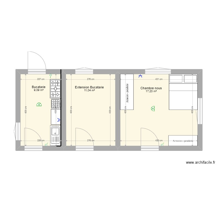 Cuisine ext et chambre nous. Plan de 3 pièces et 37 m2