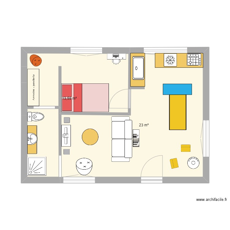 plan 1 d4. Plan de 2 pièces et 37 m2