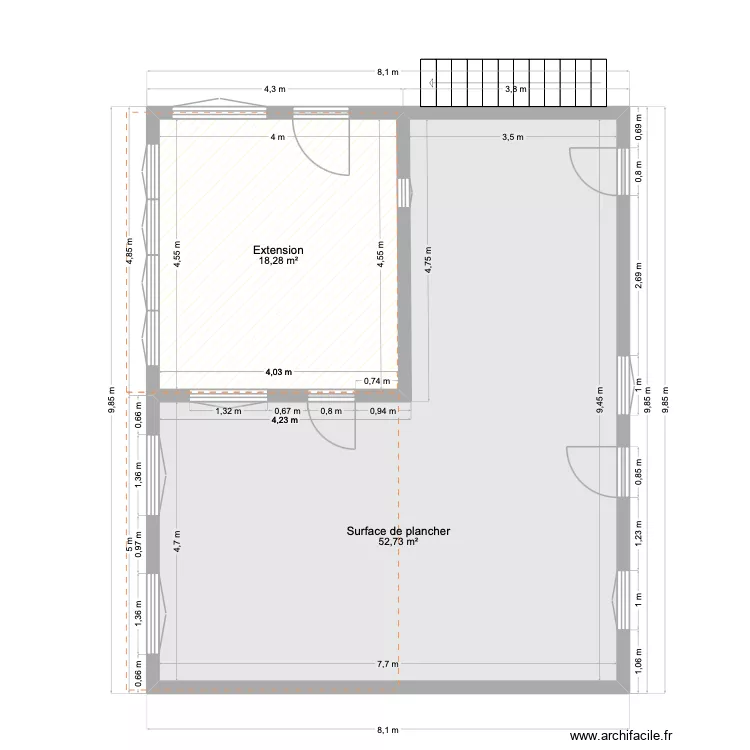 Plan des Dages avec extension. Plan de 2 et 71 m² Plan des Dages avec extension. Plan de 2 et 71 m²