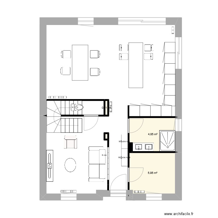 Réaménagement rdc. Plan de 15 pièces et 79 m2