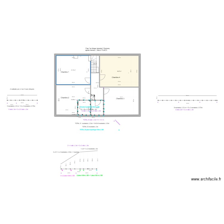 calcul placo grenier maison Thomery 2 sdd. Plan de 5 pièces et 102 m2