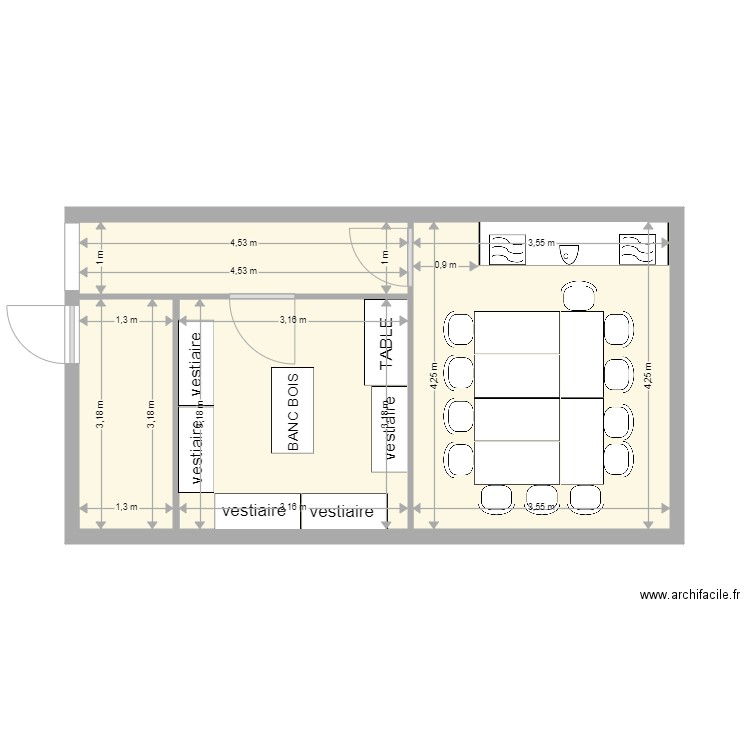 amenagement refectoire. Plan de 4 pièces et 34 m2