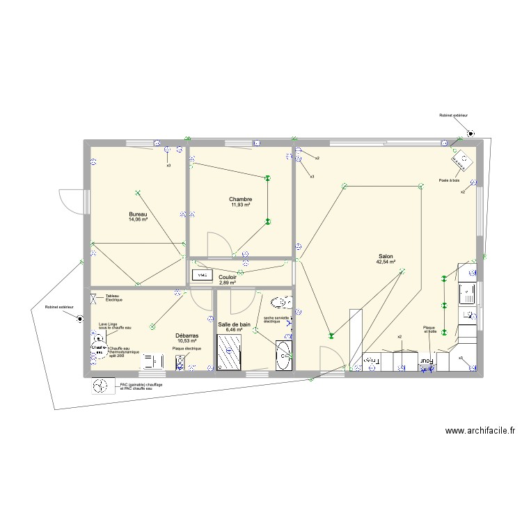 Maison Castel 90m2 plomberie. Plan de 6 pièces et 88 m2