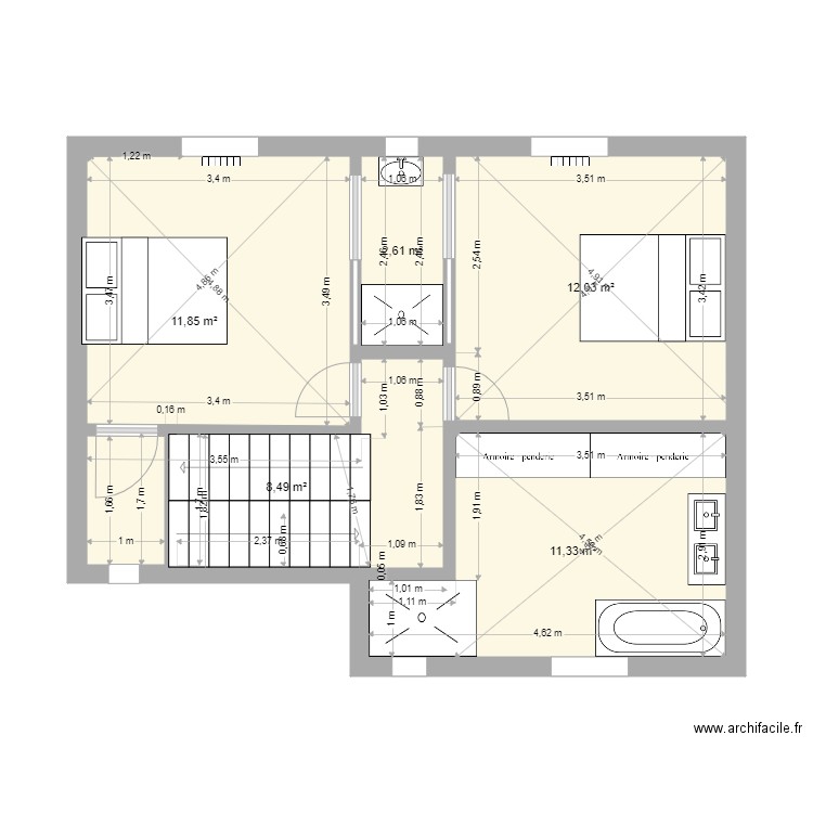 AnneDam 1er proposition 2pt3. Plan de 5 pièces et 46 m2