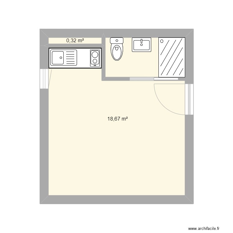 sdb studio. Plan de 2 pièces et 19 m2