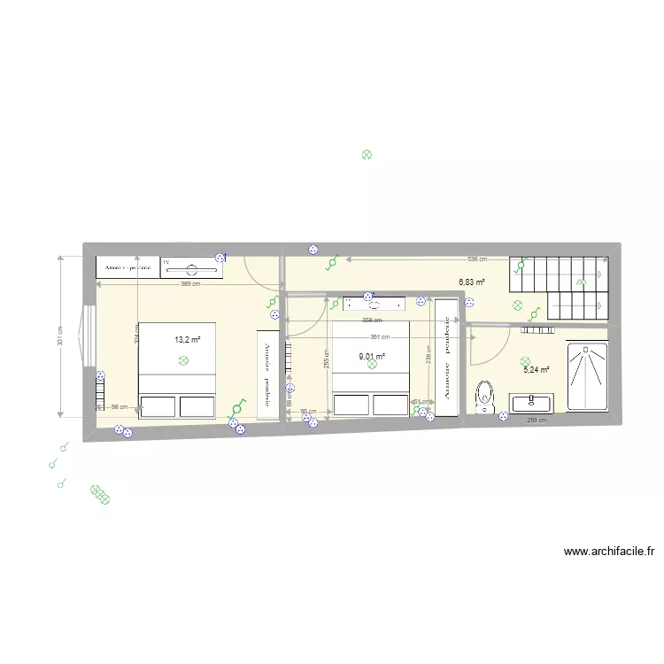 2er etage 4 septembre 2 ch sdb douche enface. Plan de 