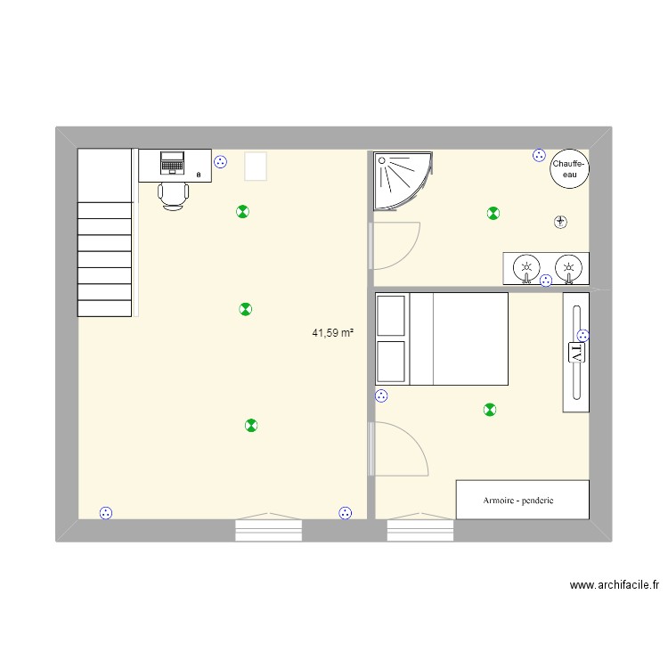 etage. Plan de 1 pièce et 42 m2