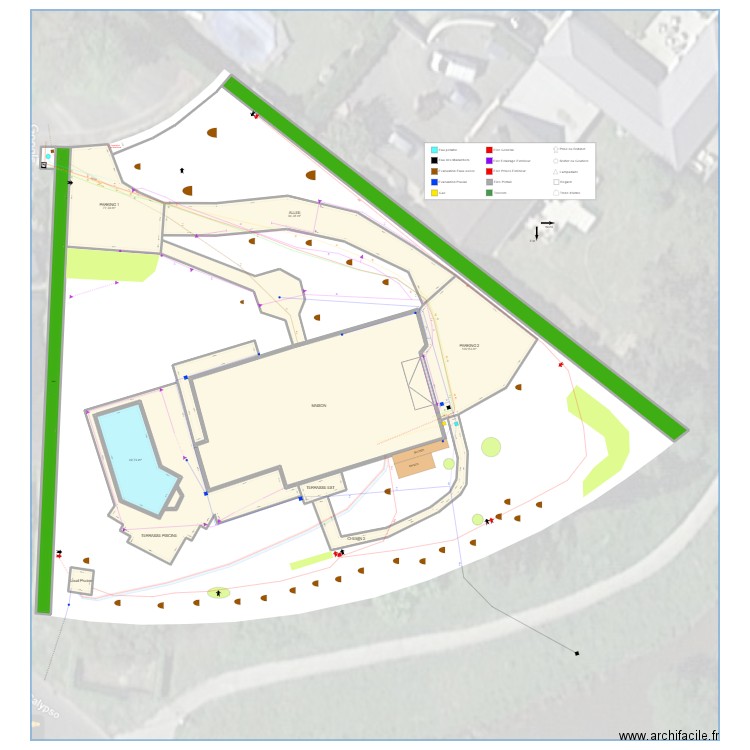 Extérieurs. Plan de 15 pièces et 1268 m2