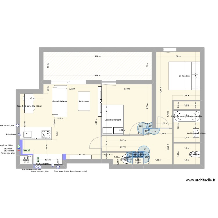 Plan cuisine v1. Plan de 12 pièces et 72 m2