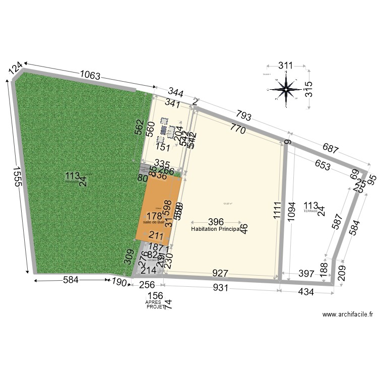 Masse Cadastre apres projet. Plan de 3 pièces et 125 m2