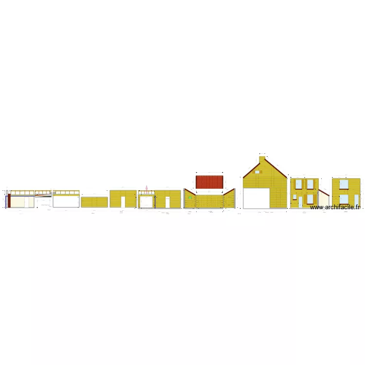 Cuisine et garage avec toiture et parement. Plan de 