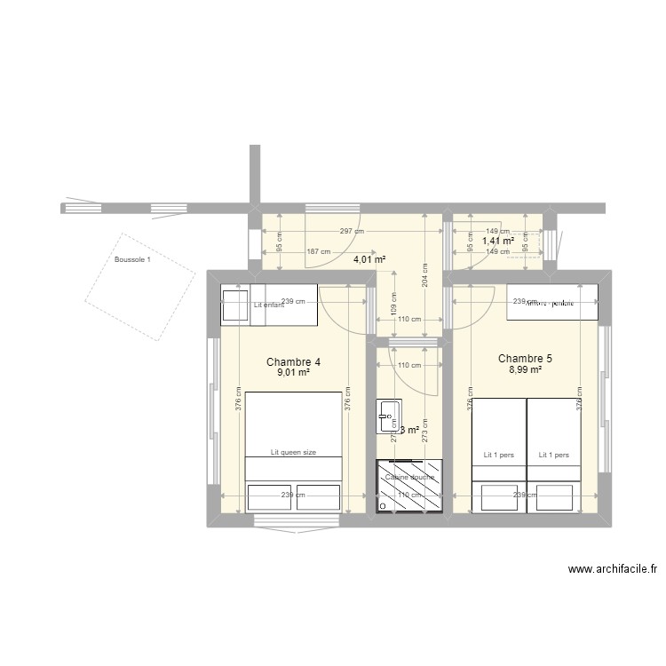 Double chambre 6,6x5 VF. Plan de 5 pièces et 26 m2