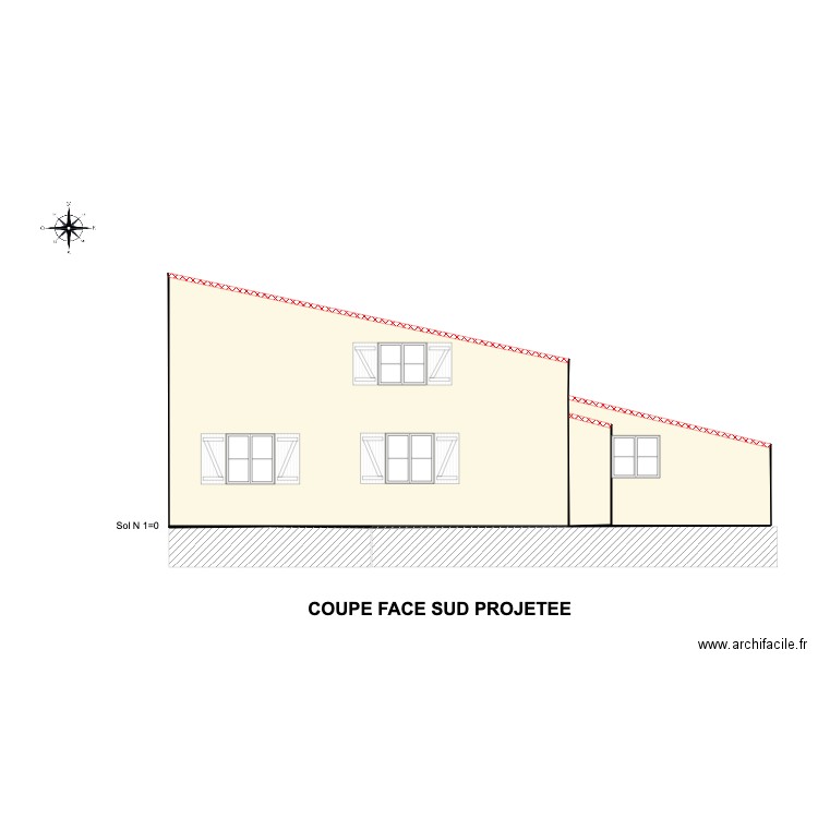 plan de coupe Face sud projetée. Plan de 2 pièces et 63 m2