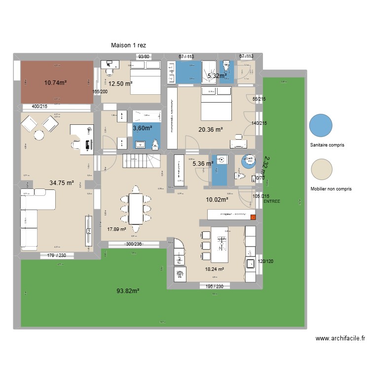 rez de chaussée maison principale. Plan de 14 pièces et 229 m2