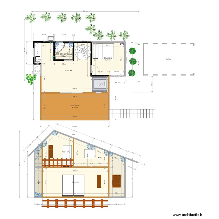 Façade Petit Chalet 4. Plan de 17 pièces et 112 m2