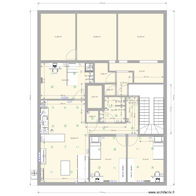 T3 et T4 1er etage complet BARJ. Plan de 14 pièces et 124 m2