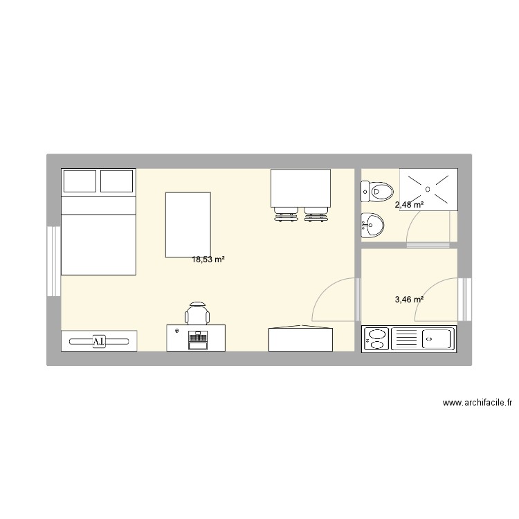 Appart. Plan de 3 pièces et 24 m2