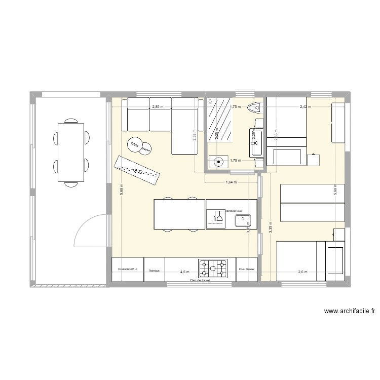 Lacet Flair_plan de base avec les aménagements, meubles et jardin d'hiver. Plan de 3 pièces et 40 m2