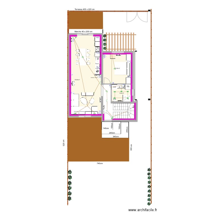 LEROUX  marches et terrasse. Plan de 3 pièces et 56 m2