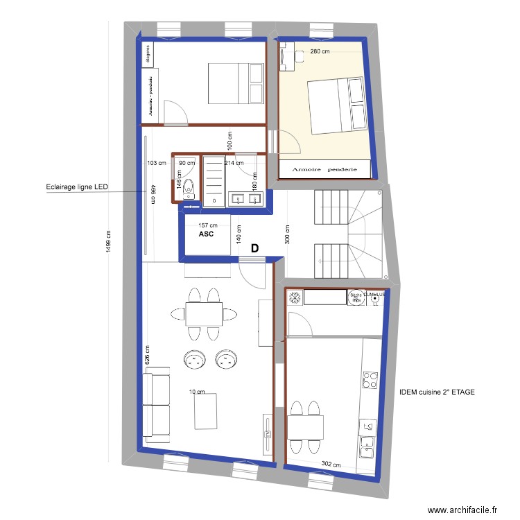 PROJET    3° ETAGE  équipé mobilier 2. Plan de 2 pièces et 14 m2