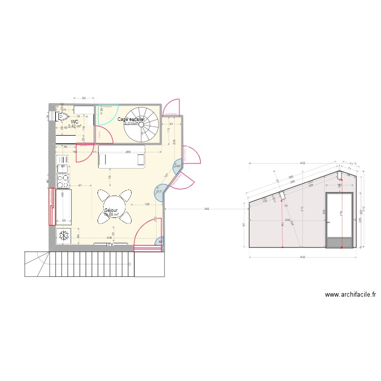 Séjour loc 1. Plan de 3 pièces et 26 m2