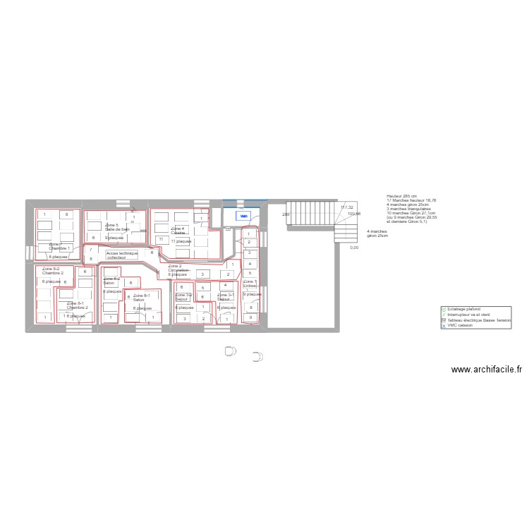 Calepinage chauffage. Plan de 7 pièces et 71 m2