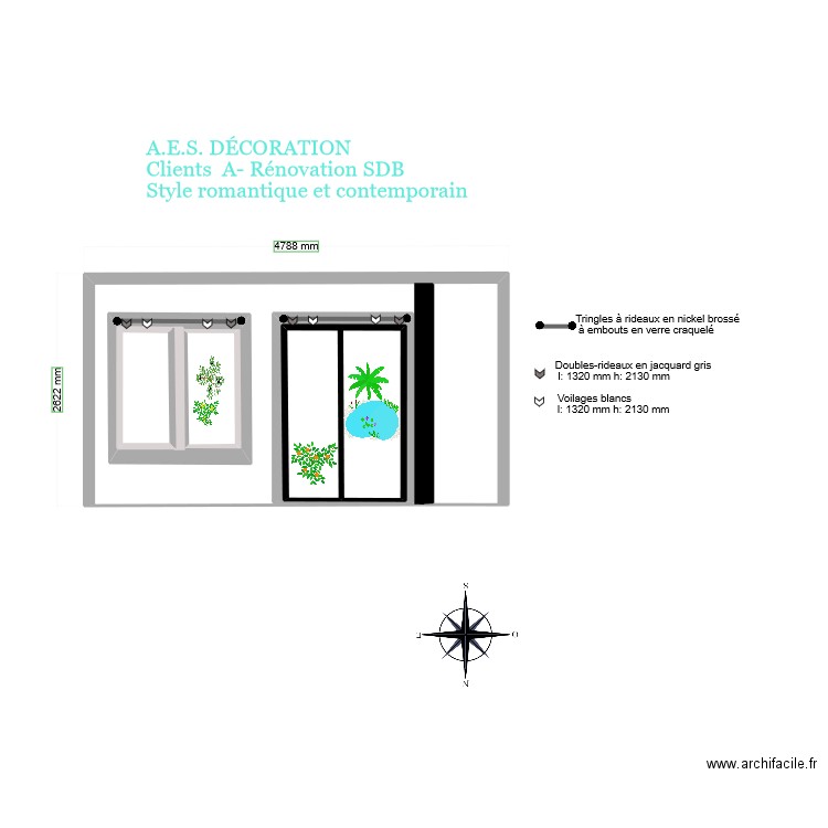 mur Sud -fenetres. Plan de 6 pièces et 19 m2