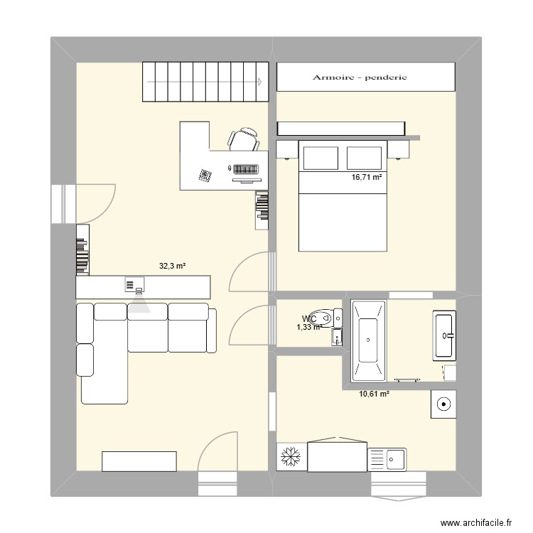 CHAMBRE PARENTALE. Plan de 4 pièces et 61 m2