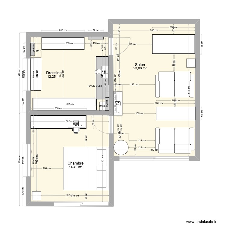 TAMARIN. Plan de 3 pièces et 50 m2
