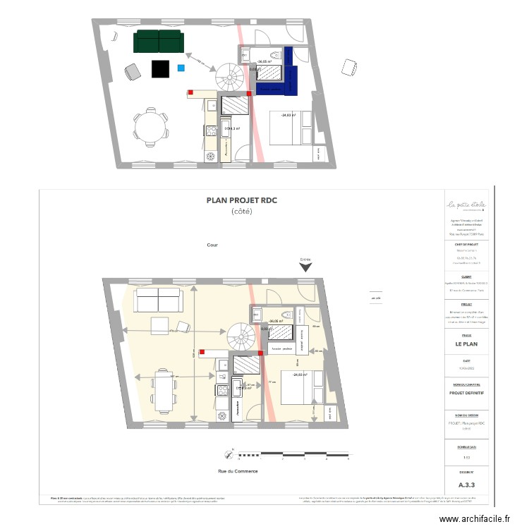 PLAN ESCALIER JAPONAIS 2 SDB. Plan de 8 pièces et 41 m2