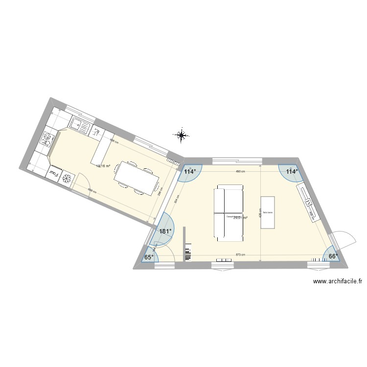 RDS32 SALON + CUISINE. Plan de 2 pièces et 47 m2