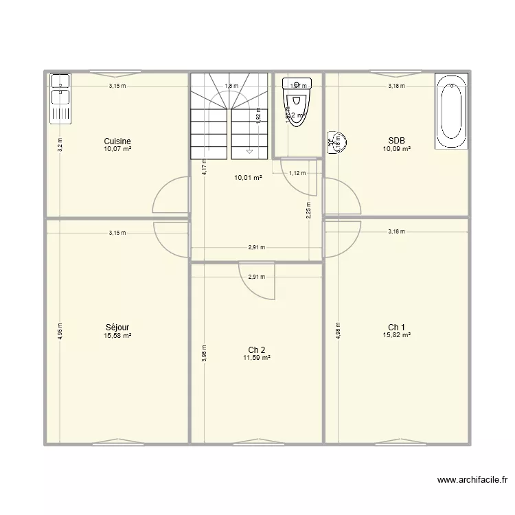 2 niveaux. Plan de 7 pièces et 75 m² 2 niveaux. Plan de 7 pièces et 75 m²