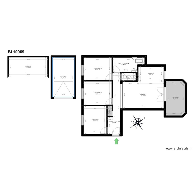 BI 10969. Plan de 13 pièces et 114 m2