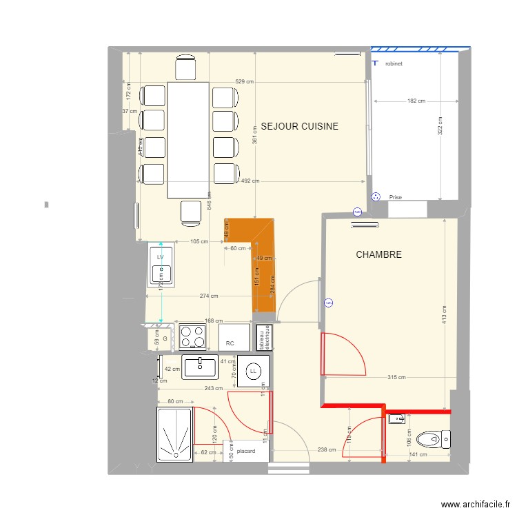 appartement comptoir à droite. Plan de 2 pièces et 49 m2