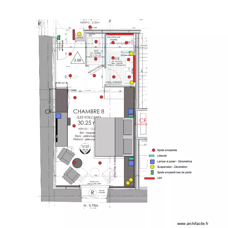 Chambre 8 Plan &eacute;clairage. Plan de 