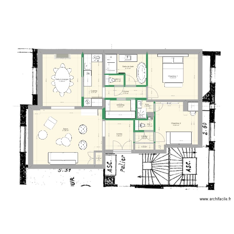 Caulaincourt_Plan5. Plan de 15 pièces et 87 m2