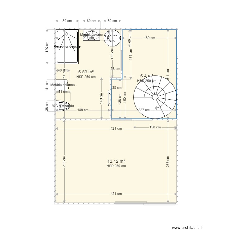 Salle de Douche RDC. Plan de 3 pièces et 25 m2