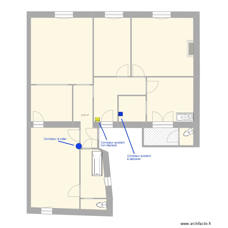 43 République R+2 plan compteurs (avant). Plan de 12 pièces et 108 m2