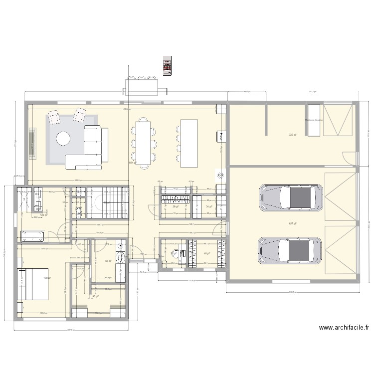 Nouveau plan chambre inversée. Plan de 14 pièces et 239 m2