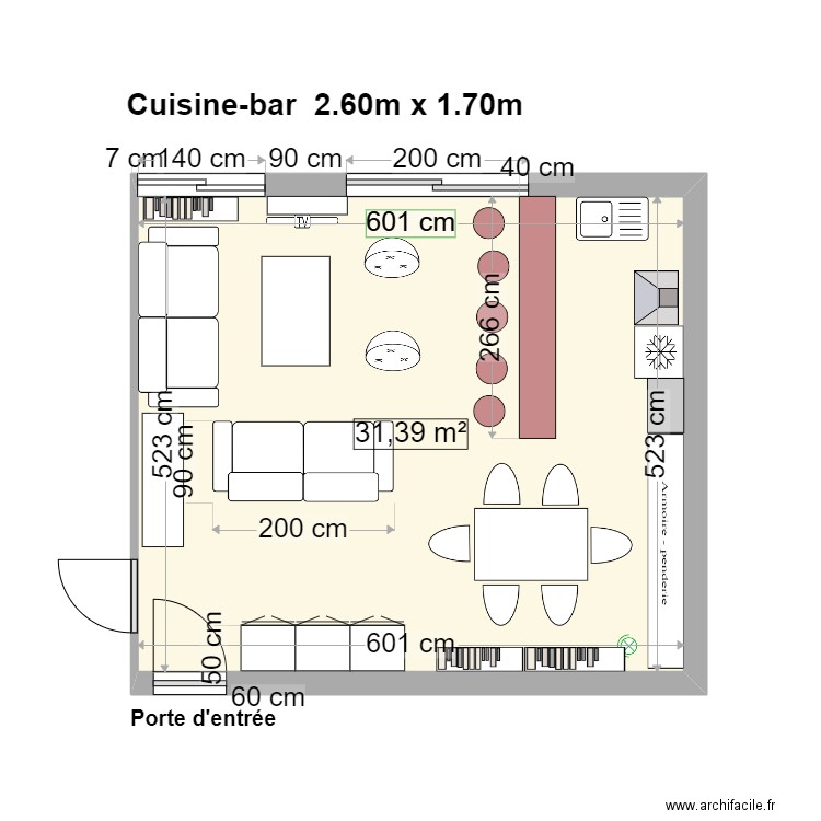 escurial séjour cuisine entrée projet cuisine carrée à droite. Plan de 1 pièce et 31 m2