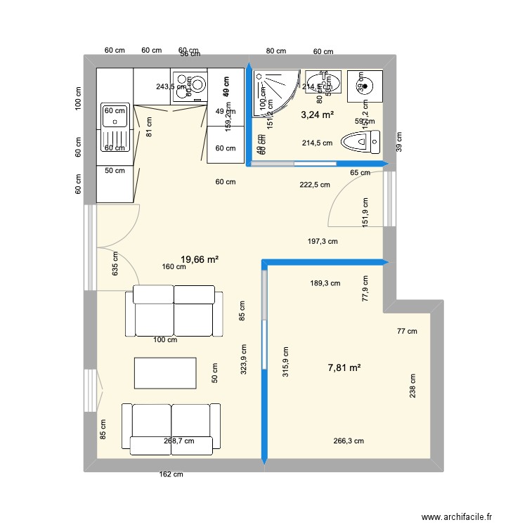 planTDM Cuisine SDB. Plan de 3 pièces et 31 m2