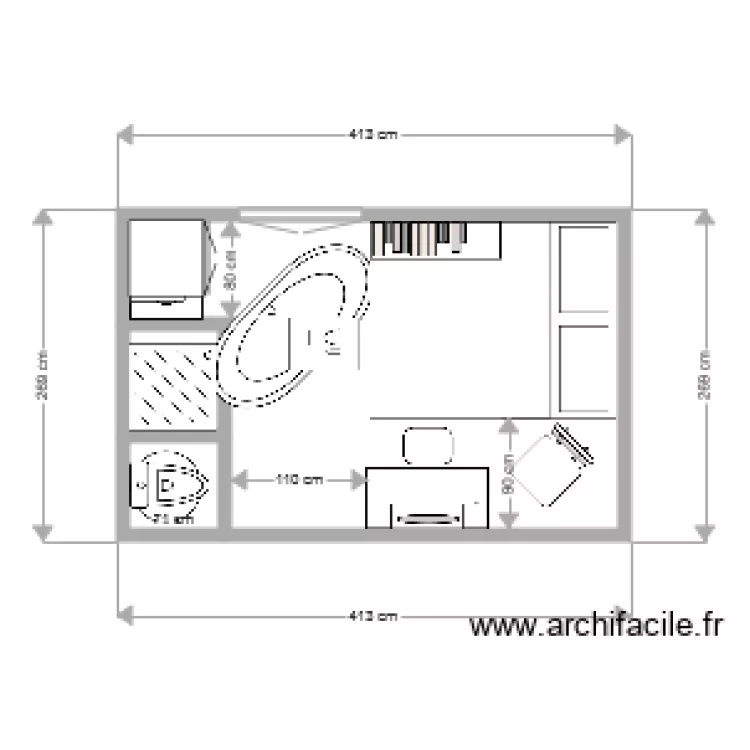 Studio 11m V2 baignoire. Plan de 