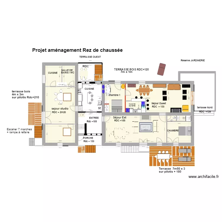 projet DECLARATION TRAVAUX am&eacute;nagementRDC avec velux  terrasses et niveaux. Plan de 