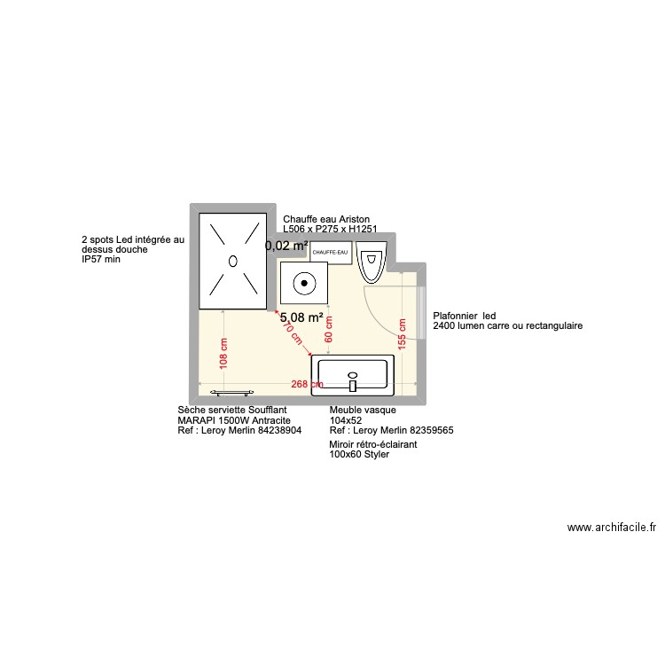 SDB Blomet. Plan de 2 pièces et 5 m2