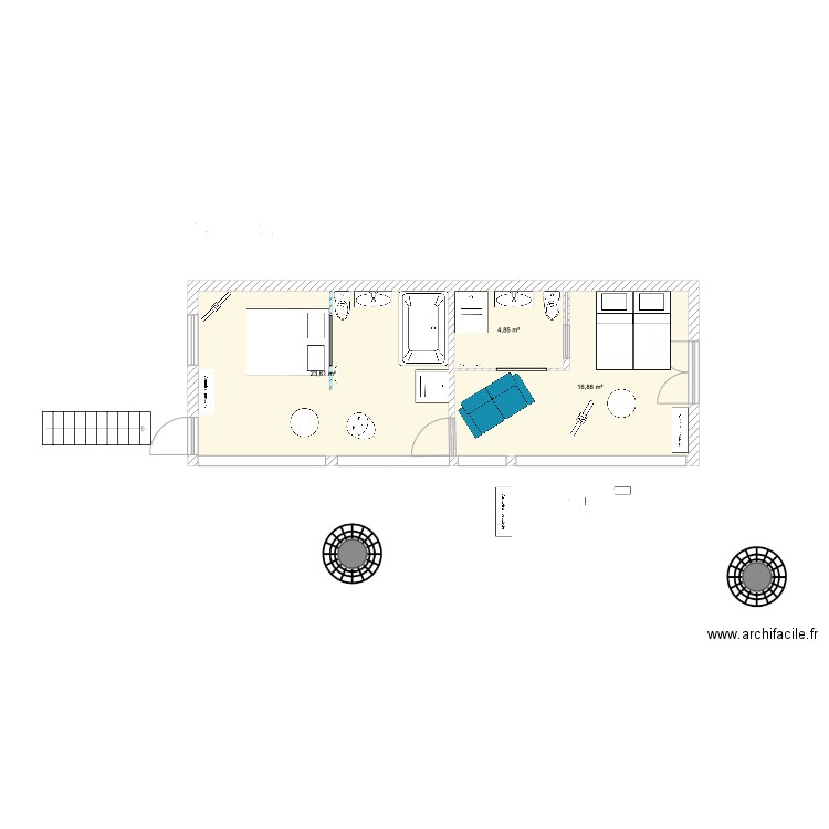 Studio 050222. Plan de 3 pièces et 45 m2