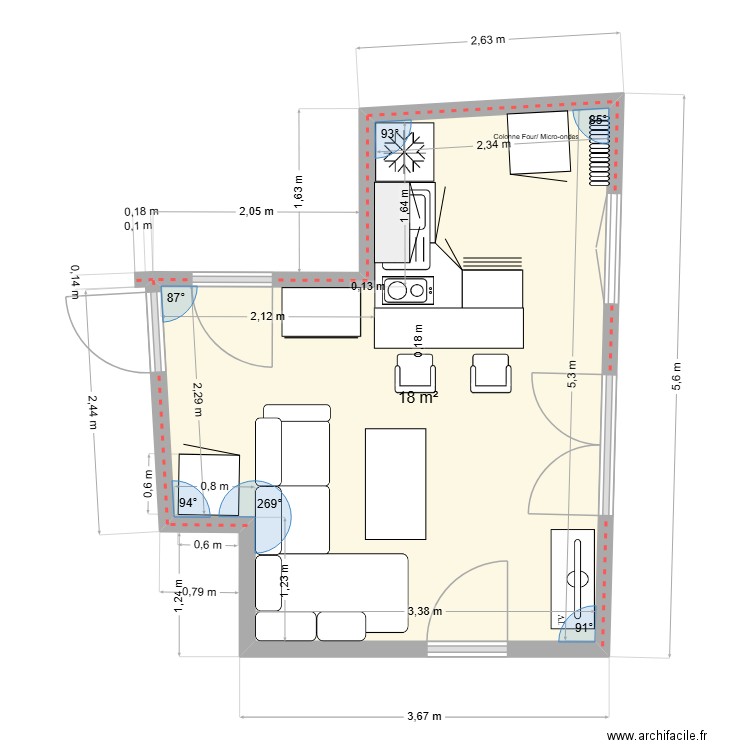 option 1 bis. Plan de 1 pièce et 18 m2