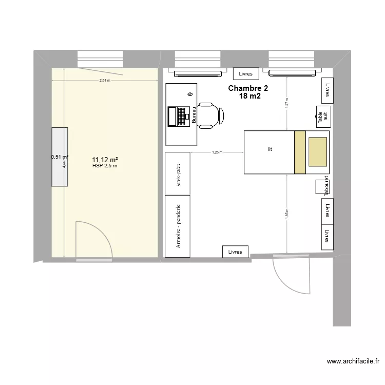 etage1chambre1. Plan de 1  et 11 m²